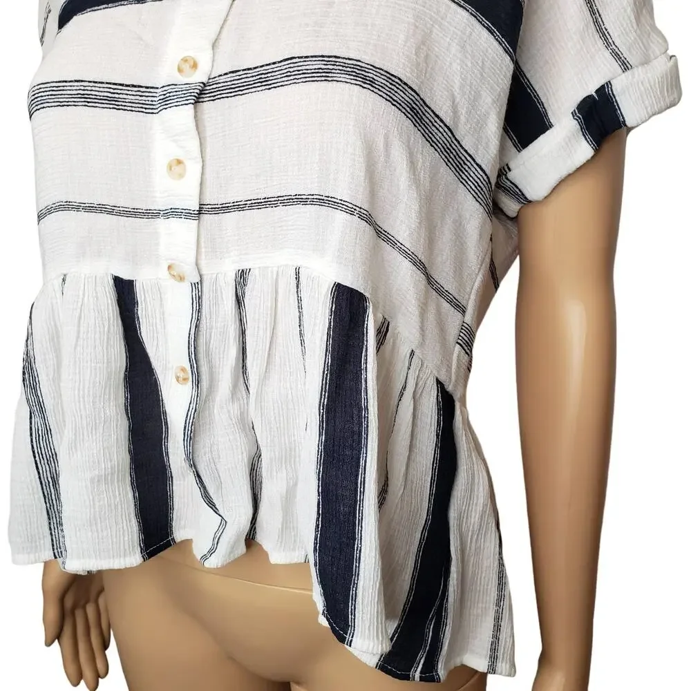 Blu Pepper Striped Peplum Blouse‎ Navy White Button Up Baby Doll Small - Picture 10 of 13